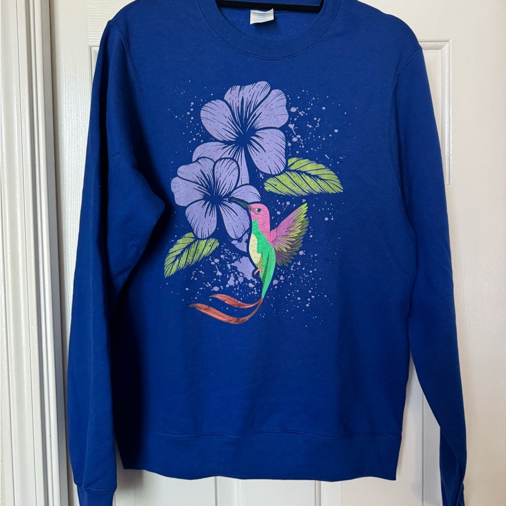 Port and Company Blue Sweatshirt with Floral and Hummingbird Design
